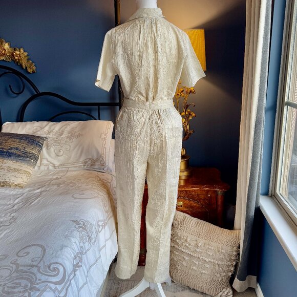 Vintage 80s Beige Crinkle Buttoned Shirt and Pants Set - Picture 4 of 13